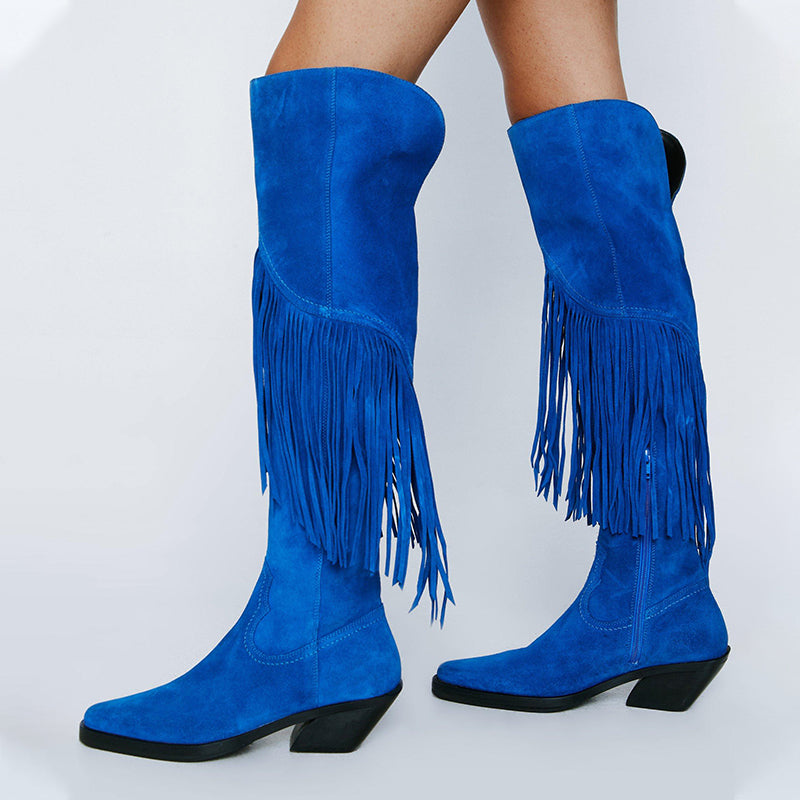 Royal Blue Vegan Suede Fringe Knee High Western Boots for Women