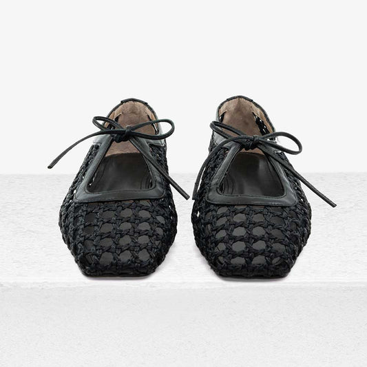 Black Square Toe Woven Hollow Out Lace Up Flat Shoes for Women