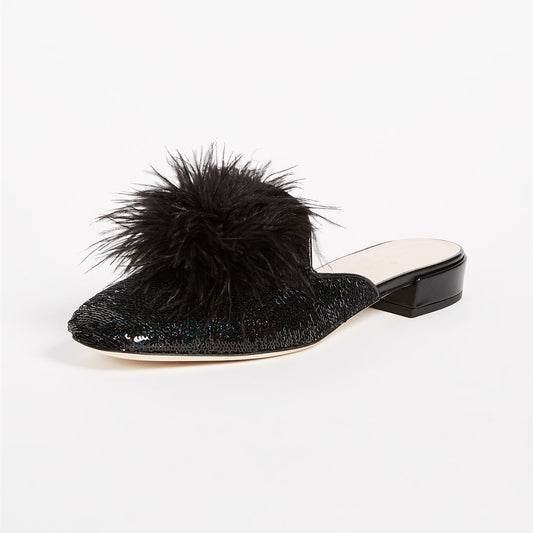 Black Sequin Flats Women's Faux Feather Mule Loafers