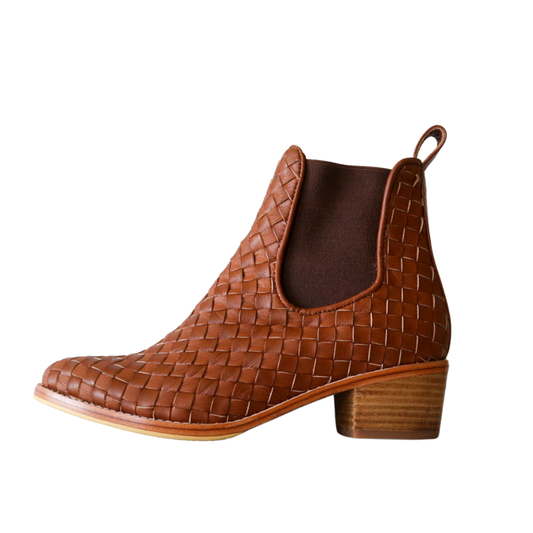 Brown Woven Detail Round Toe Chunky Heel Short Boots for Women
