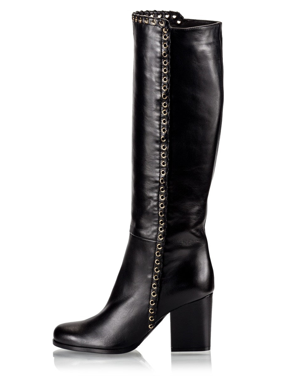 Black Round Toe Chunky Heel Knee High Boots with Studs