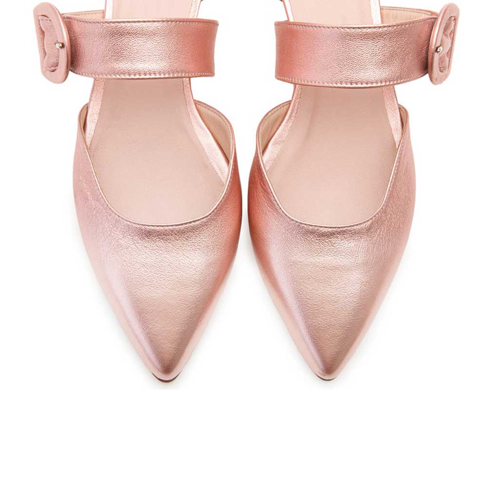 Light Pink Metallic Finish Pointed Toe Buckle Strap Mary Jane Flats