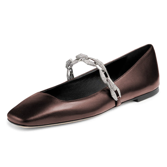 Brown Slip-On Square Toe Rhinestone Chain Ballet Flats with Straps