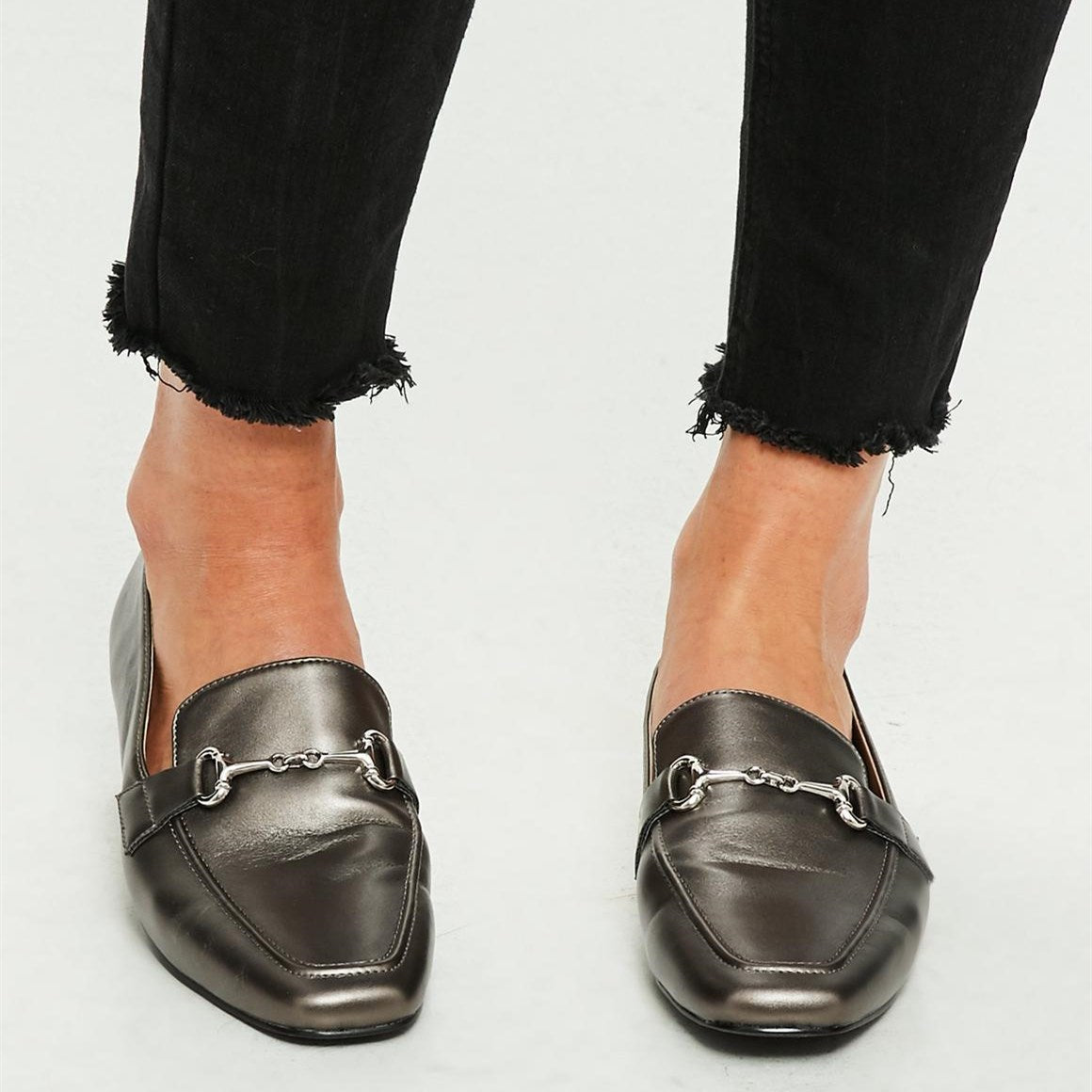 Dark Grey Square Toe Office Flats Comfortable Horsebit Loafers