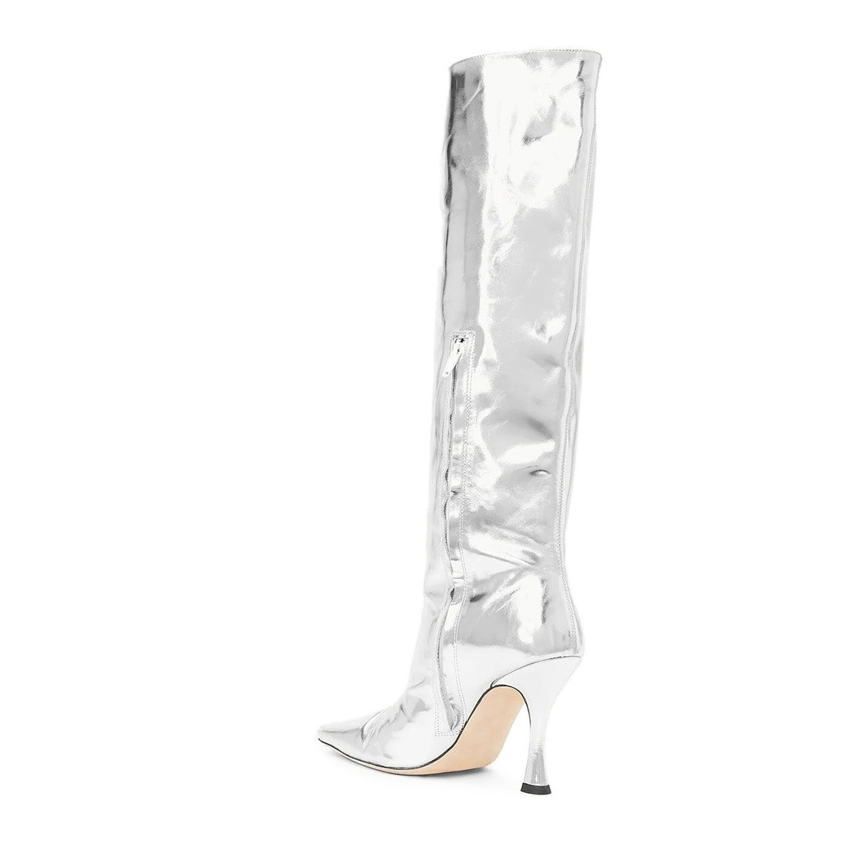 Silver Square Toe Half Zipper Spool Heel Knee High Boots for Women
