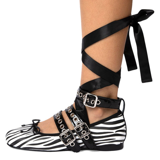 Black & White Zebra Round Toe Strappy Lace Up Ballet Flats with Bow
