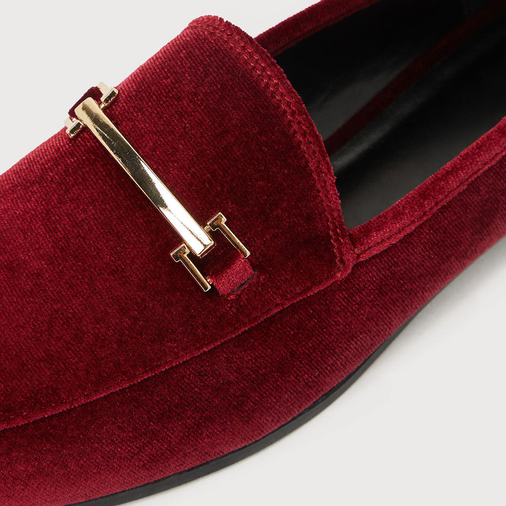 Classic Maroon Velvet Round Toe Flats Metal Horsebit Women's Loafers