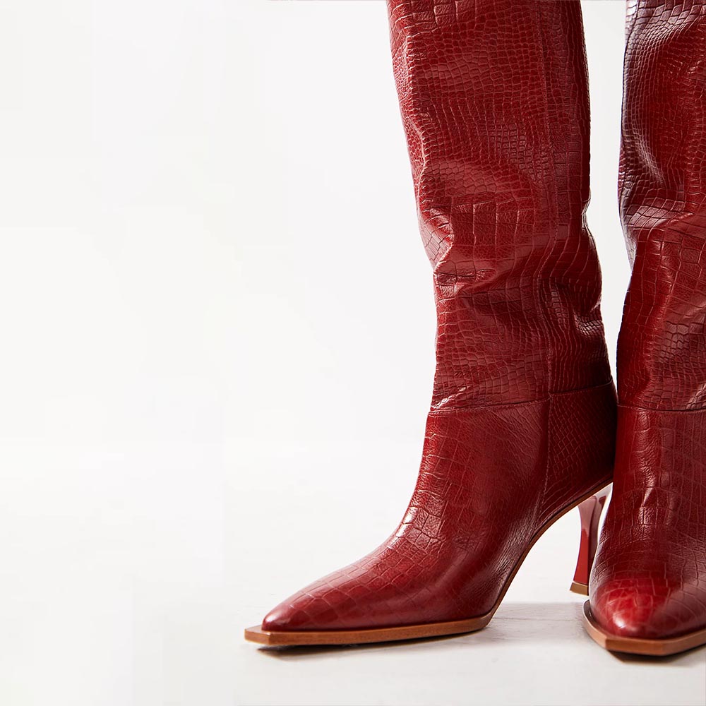 Red Snip Toe 3'' Kitten Heel Wide-Calf Croc Embossed Knee High Boots