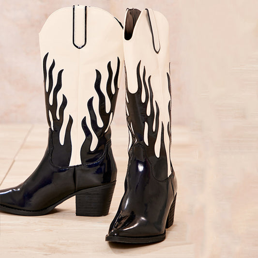 Black & Ivory Block Heel Patent Leather Pointed Toe Mid Calf Boots