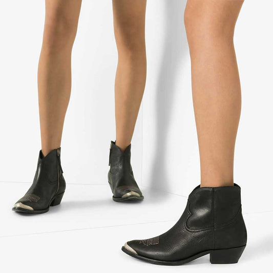 Black Vegan Leather Pointed Toe Chunky Heel Cowgirl Ankle Boots