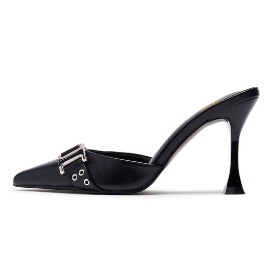 Women's Black Pointed Toe Slip On Studded Flared High Heel Mules