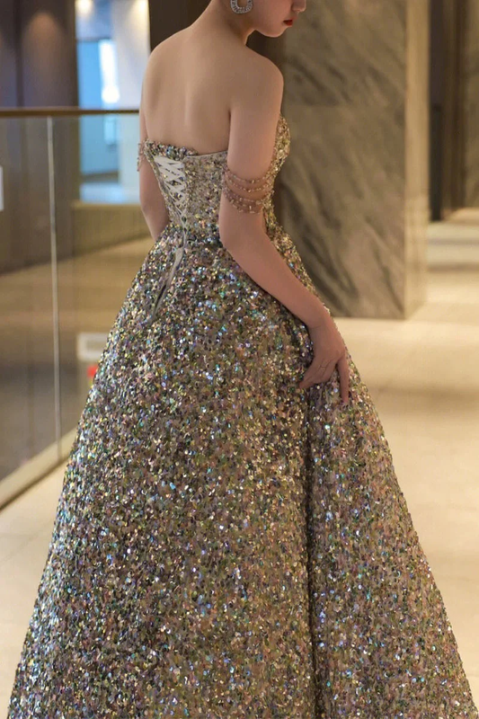 Ball Gown Straps Sequin Silver Long Evening Dress Prom Dresses Birthday Outfits cg26193