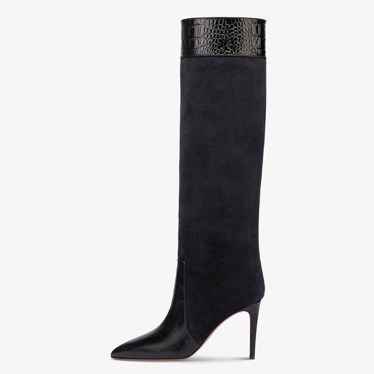 Black Crocodile Embossed Pointed Toe Stiletto Heel Knee High Boots