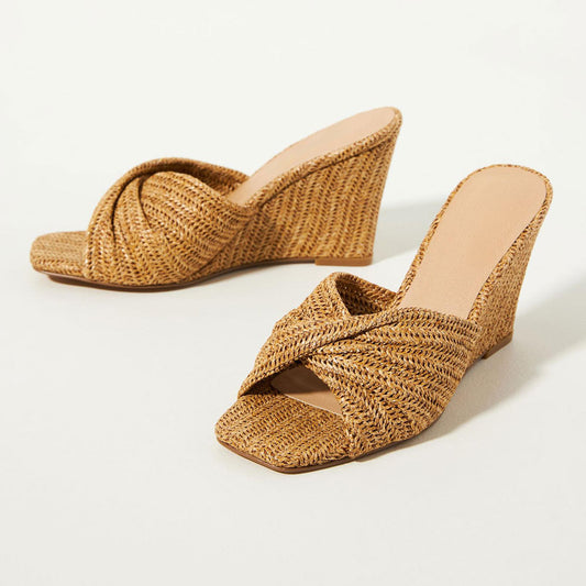 Woven Raffia Square Toe Twist Band Wedge Heel Mules Sandals in Brown