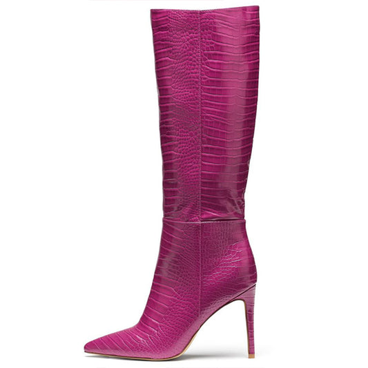 Classic Fuchsia Croco Embossed Pointed Toe Stiletto Knee High Boots