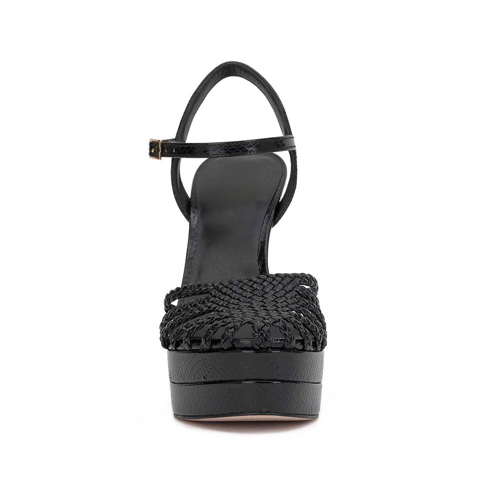 Black Woven Round Toe Chunky Heel Buckle Ankle Strap Platform Sandals