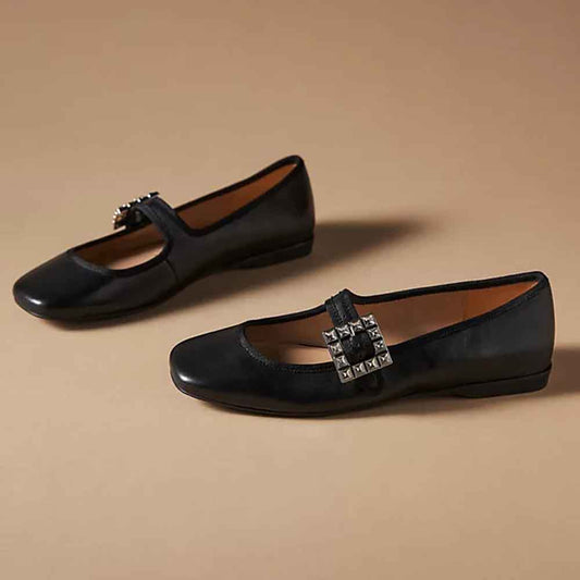 Black Square Toe Crystal Embellished Mary Jane Flats