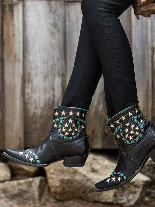 Black Vegan Leather Snip Toe Star Patch-Work Cowgirl Ankle Boots With Chunky Heels