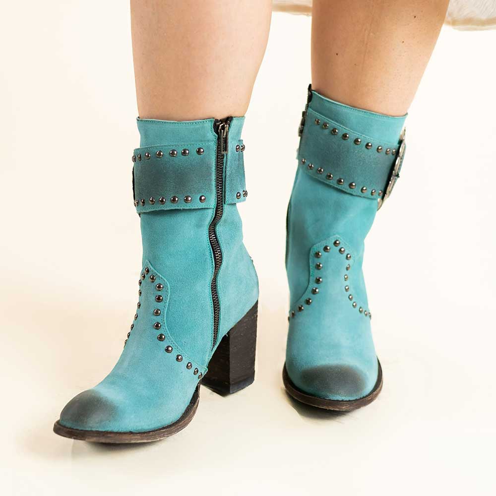 Turquoise Distressed Buckle Strap Chunky Heel Studded Mid Calf Boots