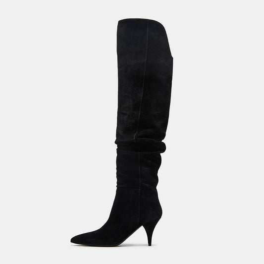 Black Vegan Suede Pointed Toe Cone Heel Pleated Over The Knee Boots