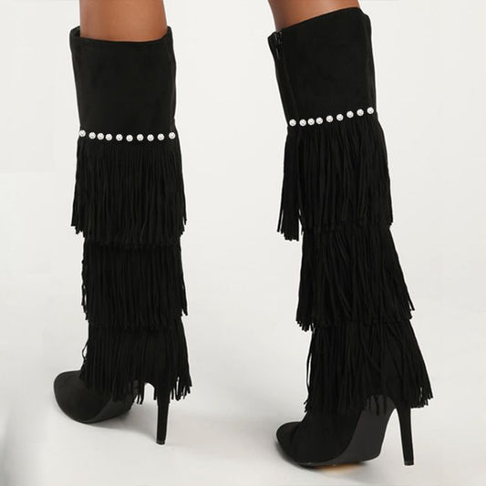 Black Vegan Suede Pointed Toe Fringe High Heel Boots with Rhinestone