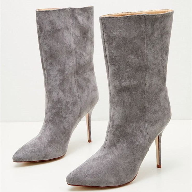 Grey Vegan Suede Pointy Toe Stiletto Heel Mid Calf Boots
