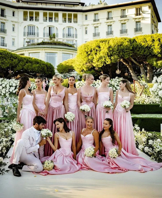 Beautiful Pink Spaghetti Strap Sweetheart A-Line Satin Party Dress Bridesmaid Dress TP4291