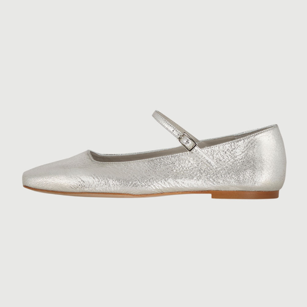 Silver Vegan Leather Distressed Square Toe Buckle Strap Ballet Flats