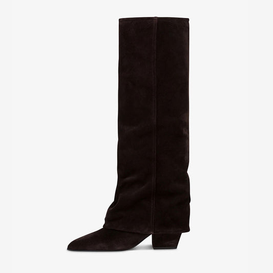 Dark Brown Pointed Toe Block Heel Fold Over Knee High Boots