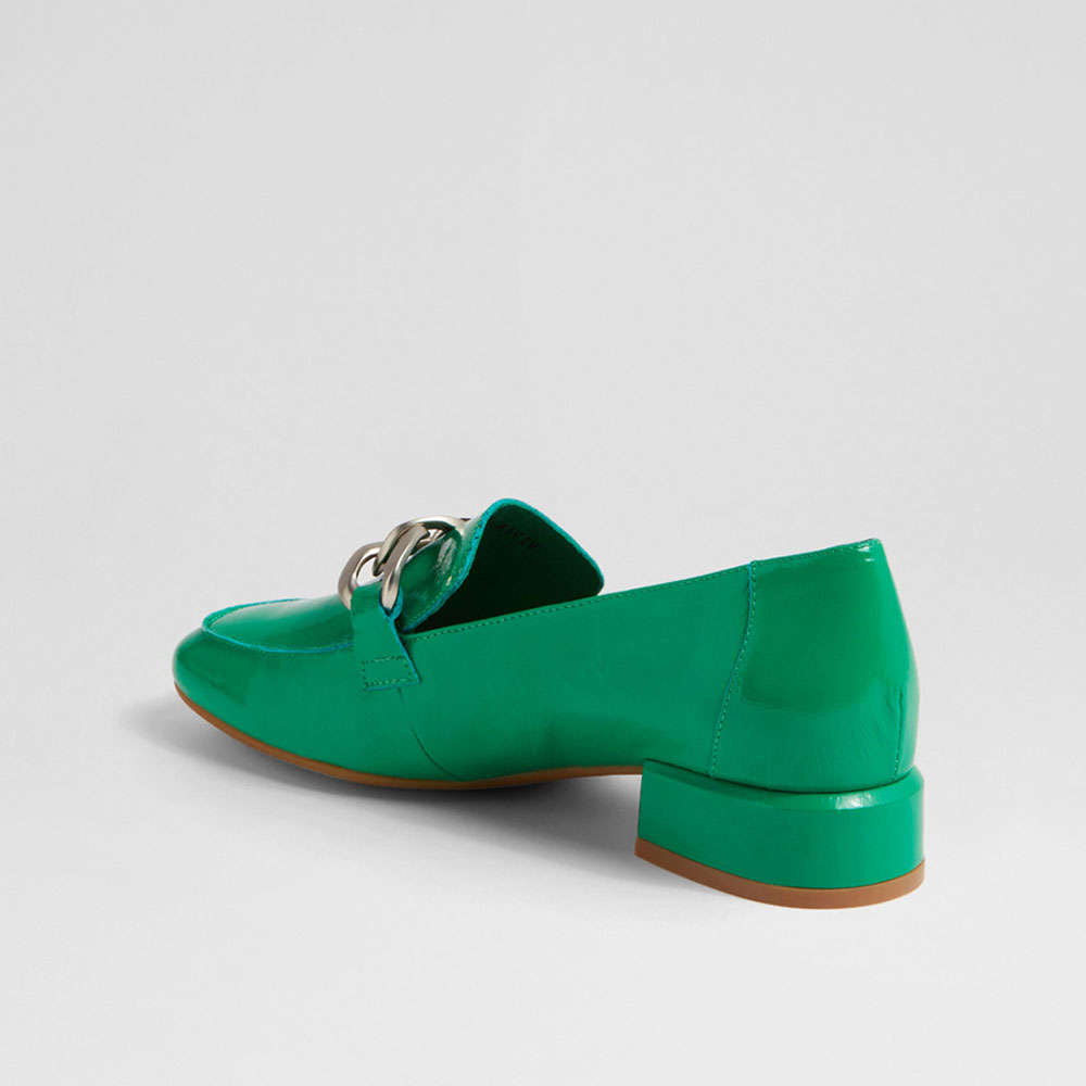 Green Patent Leather Metal Chain Women's Loafers with Block Heel