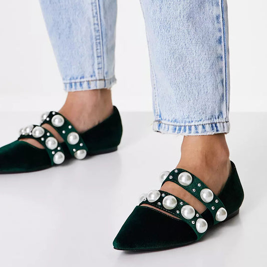 Green Velvet Pointed Toe Flats Pearls Embellished Mary Jane Shoes