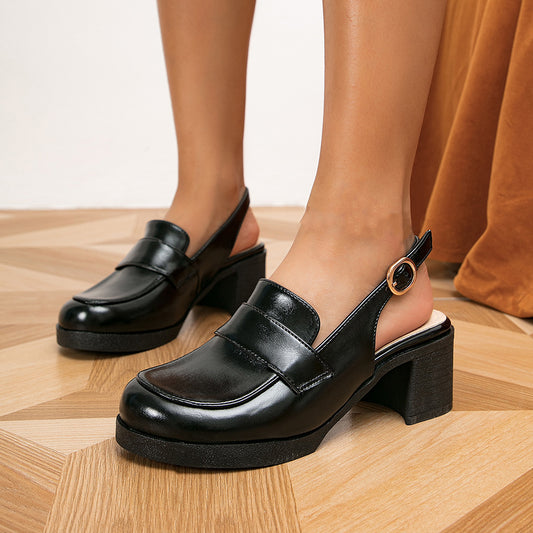 Women Sexy Black Pointed Toe Loafers Slingback Chunky Heel Loafers