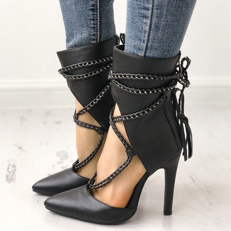 Black Pointed Toe Cut Out Strappy Ankle Boots with Stiletto Heels
