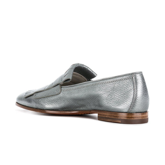 Silver Round Toe Fringe Buckle Strap Flat Women's Loafers