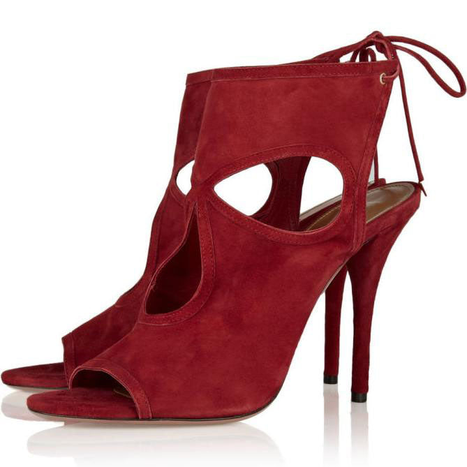 FSJ Peep Toe Cut Out Rear Lace Up Burgundy High Heel Shoes