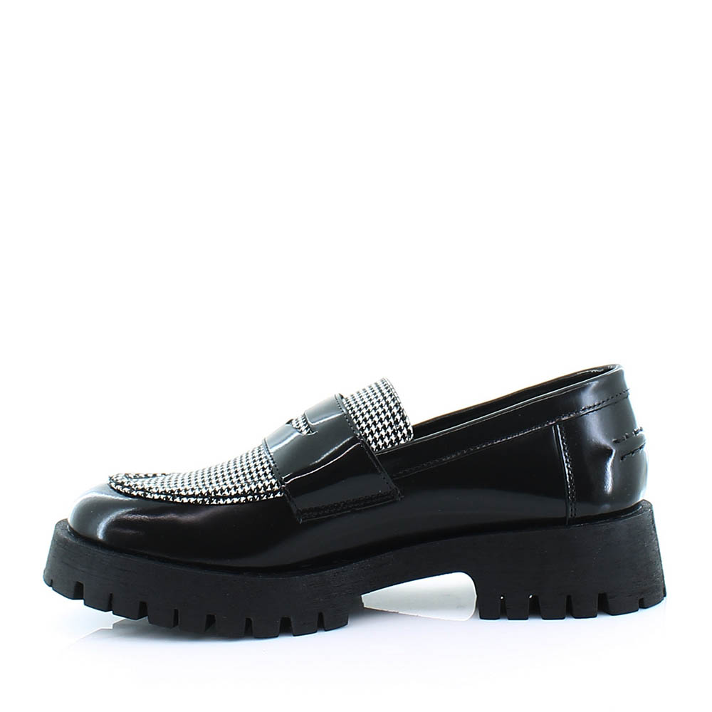 Black Patent Leather Houndstooth Round Toe Vintage Chunky Loafers