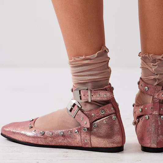 Pink Glitter Round Toe Strappy Ballet Flats