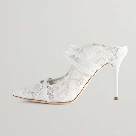 White Pointed Toe Stiletto Heel Wedding Women Mules Shoes with Strappy