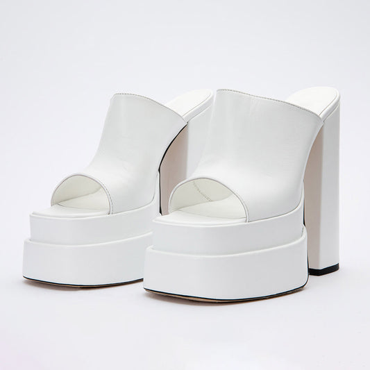 Women's White Open Square Toe High Heel Double Platform Mules