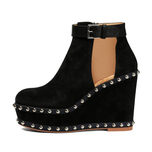 Black Studded Wedge Heel Cutout Platform Ankle Boots with Zipper