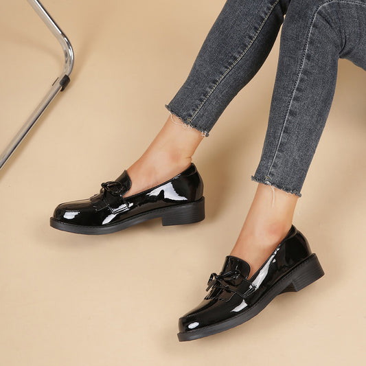 Black Patent Leather Closed Toe Chunky Heel Formal Loafers