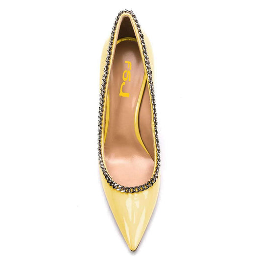 Yellow Chain Stiletto Heels Pointed Toe Pumps