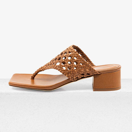 Vegan Leather Square Toe Woven Strap Mules with Chunky Heels