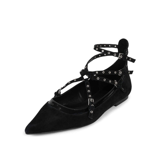 Black Pointed Toe Fashion Strappy Ballet Flats with Buckle