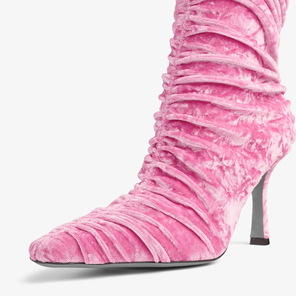 Pink Velvet Pointed Toe Pleated Spool Heel Classic Stretch Boots