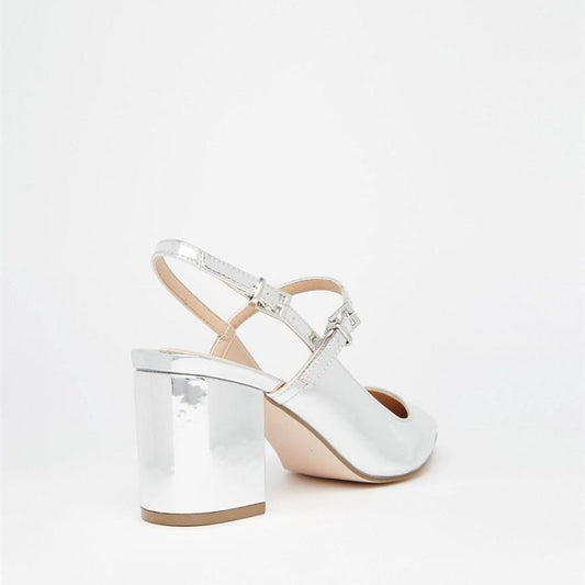 Stylish Pointed Toe Buckle Strap Block Heel Slingback Silver Pumps