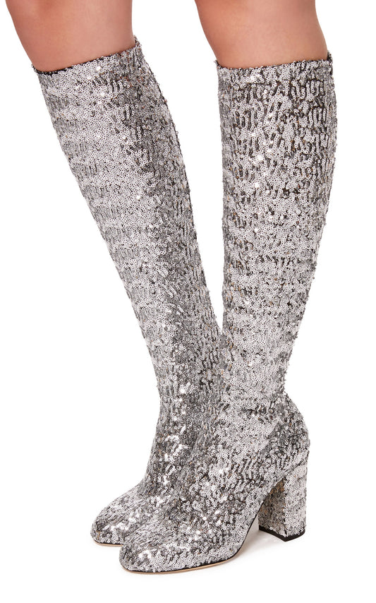 Women's Silver Sequin Chunky Heel Knee High Sparkly Boots
