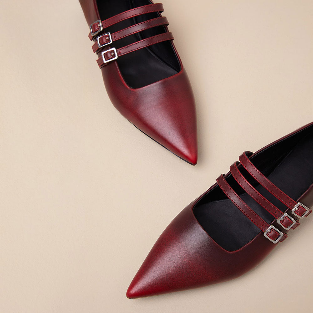 Gradient Maroon Pointed Toe Buckled Strappy Mary Jane Flats