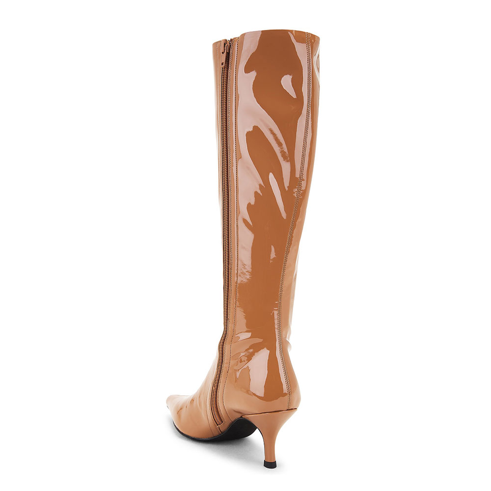 Simple Tan Patent Leather Pointed Toe Stiletto Heel Knee High Boots