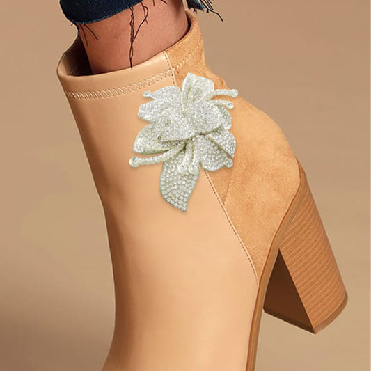 Women's Nude Pointed Toe Chunky Heel Rhinestone Floral Ankle Boots